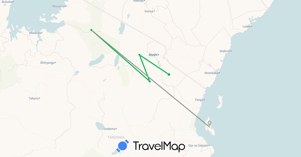TravelMap itinerary: bus, plane in Tanzania (Africa)